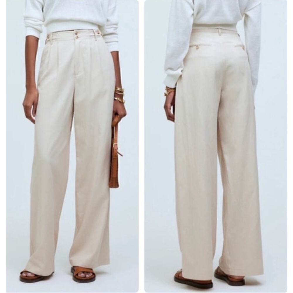 Madewell Button Tab Pants Wide Leg High Rise Denim Antique Cream NWT Size 12